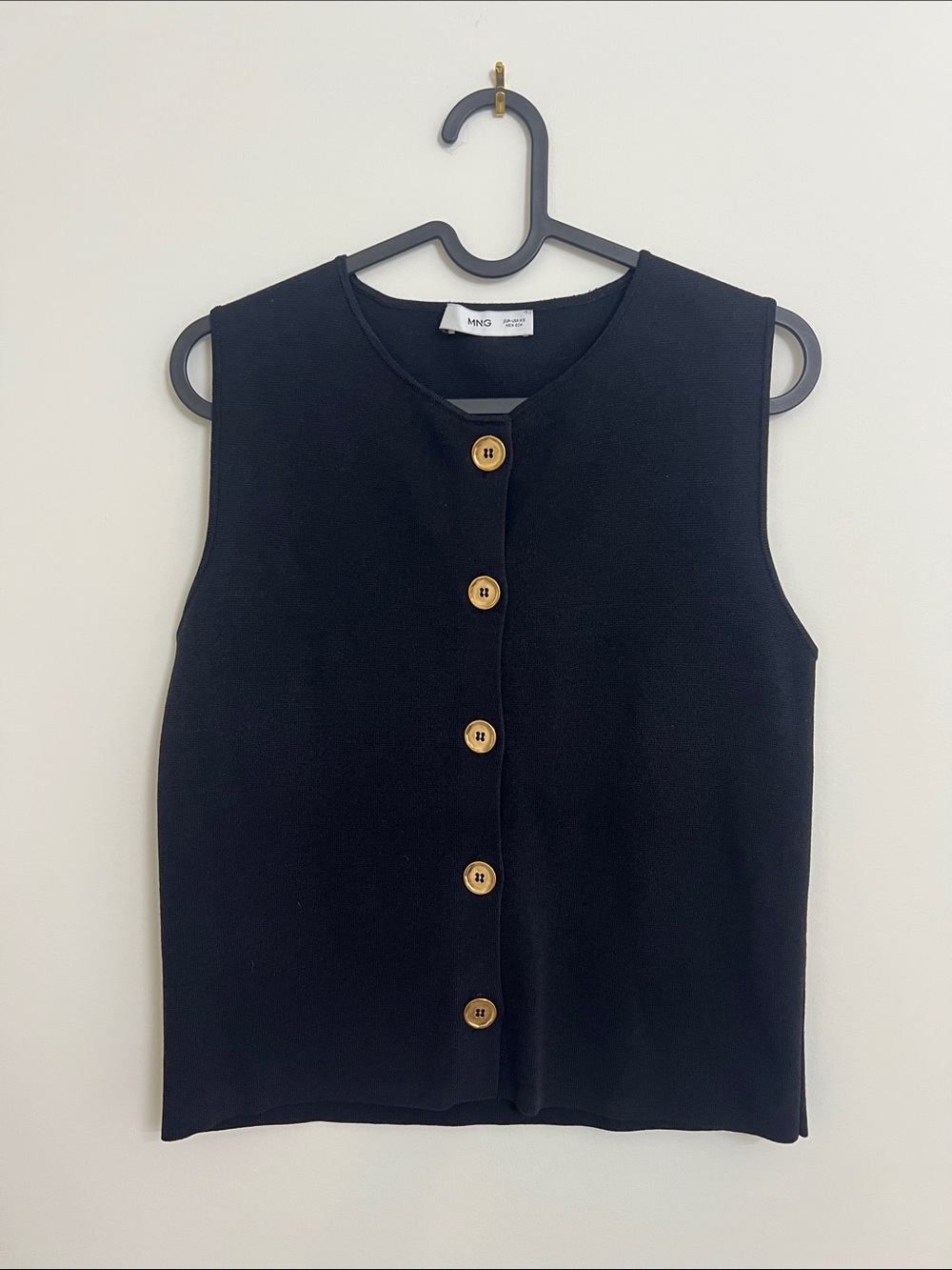 Mango Black Sleeveless Button-Front Knit Tank with Gold Buttons